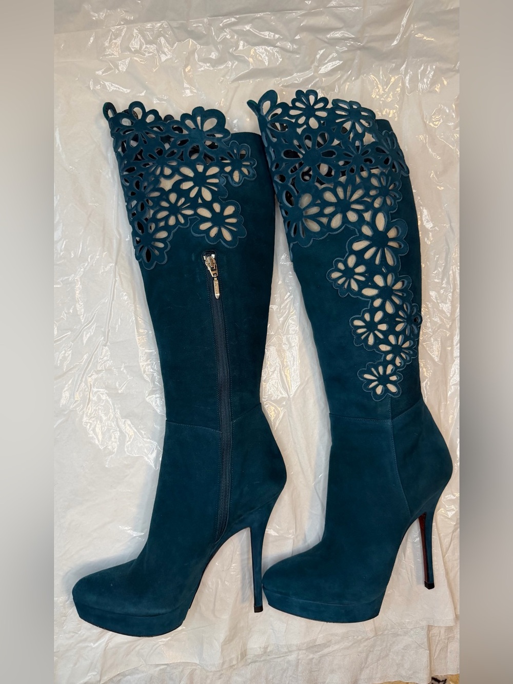 Cesare Paciotti Teal Suede Over-the-Knee Boots with Floral Cutouts